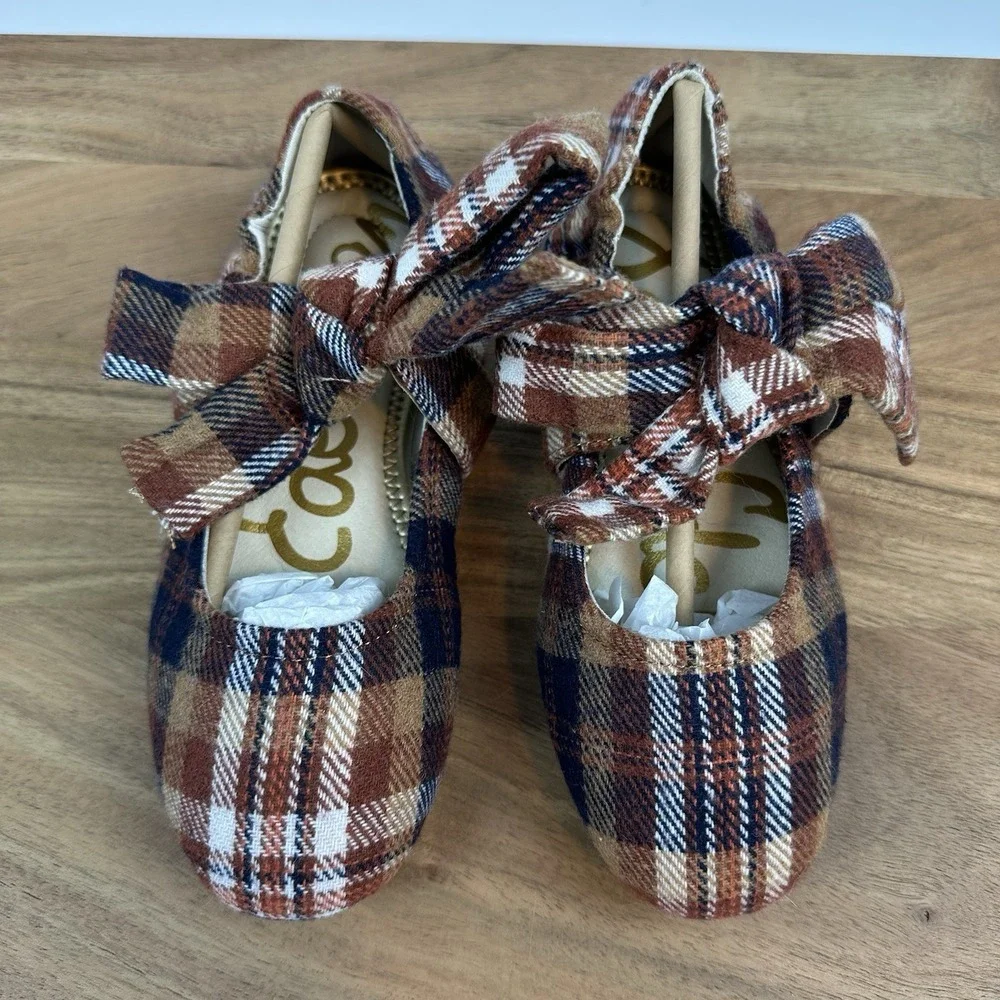 New Big Kids Sam Edelman Felicity Rust Plaid Ballet Flats Shoes Size 2 Y